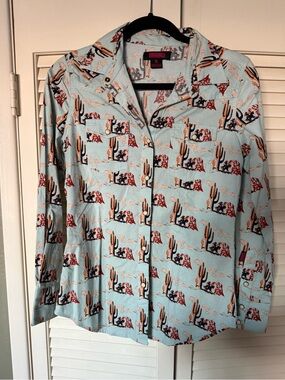 Western Cactus Print Button-Up Shirt - Light Blue
